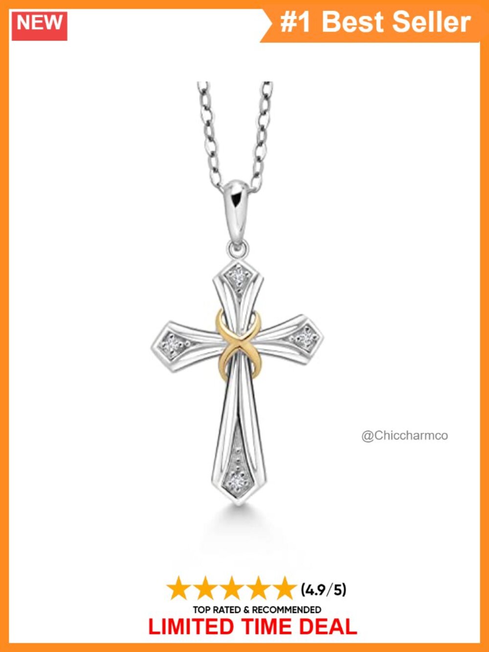 10K Yellow Gold 925 Sterling Silver Lab Grown Diamond Cross Pendant Necklace